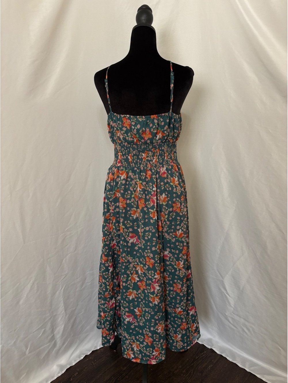 Floral Smocked Waist Maxi Dress - Teal Floral - Picture 3 of 4